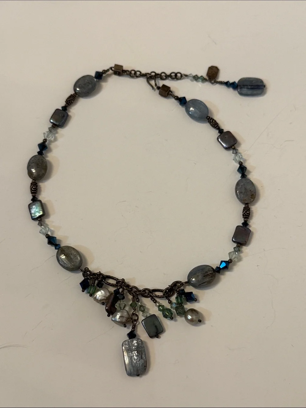 TRES JOLIE NECKLACE PEARL BLUE BEADED SWAROVSKI CRYSTAL STERLING SILVER 16”